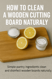 “Lemon halves, salt, and baking soda on a clean wooden cutting board—natural cleaning ingredients displayed neatly on a countertop.”
