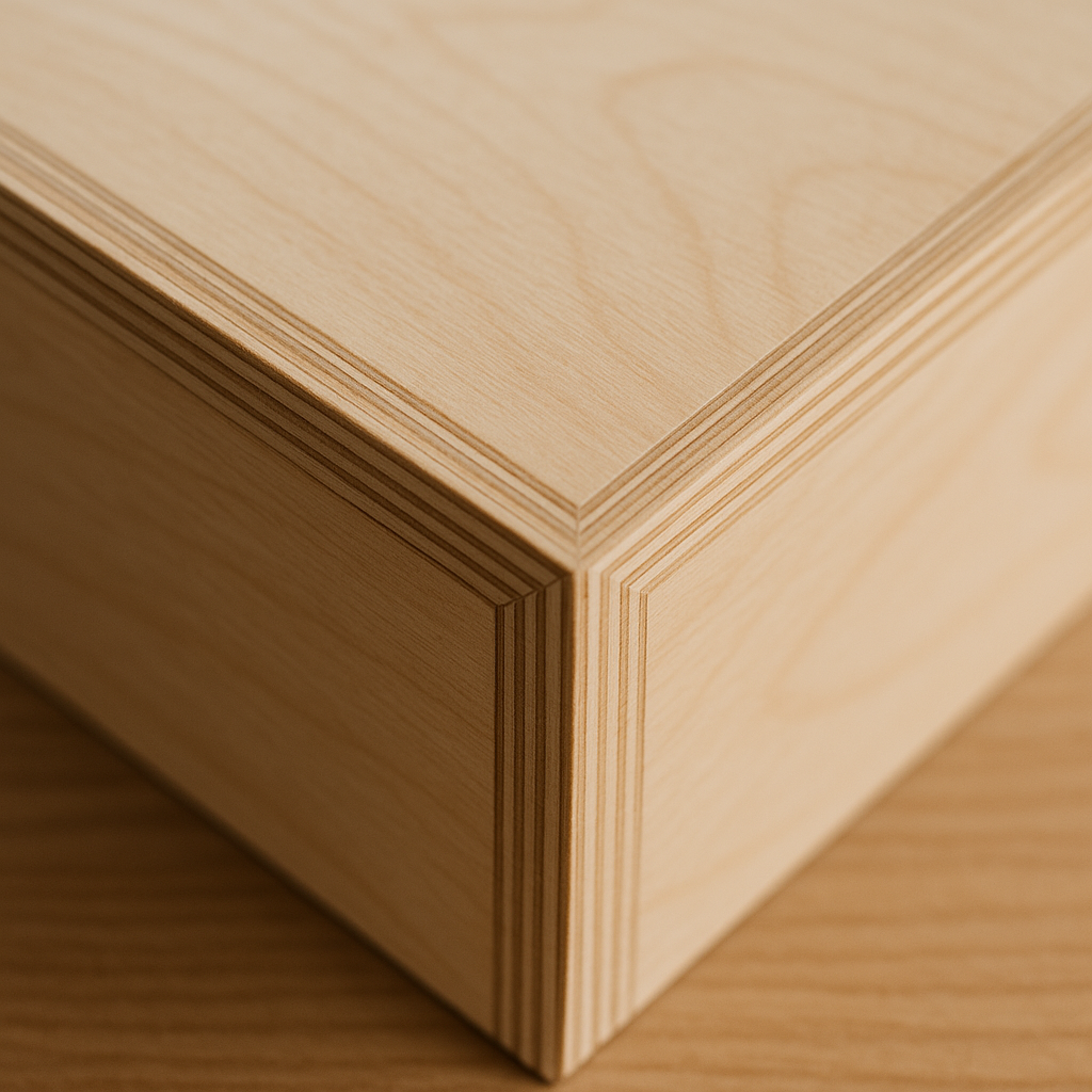 “Close-up of a precise 45-degree miter joint cut on plywood corner.”