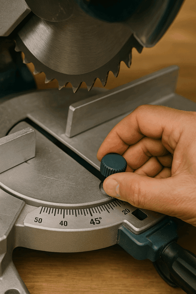 Woodworker setting miter saw to a precise 45-degree angle for plywood cuts.”