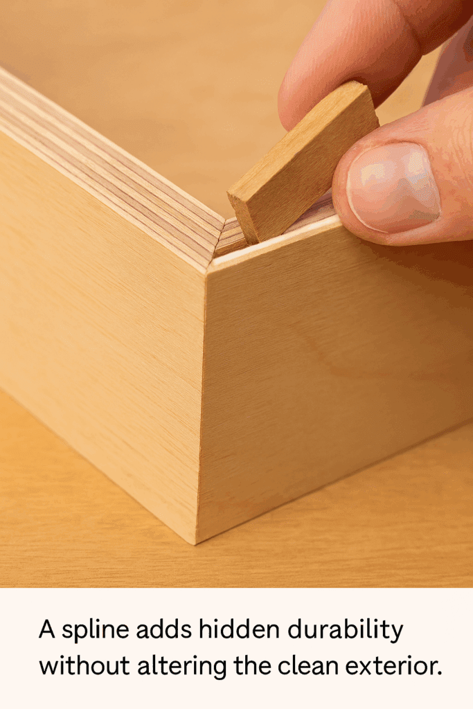 “Spline reinforcement being inserted into a plywood miter joint for added strength.”