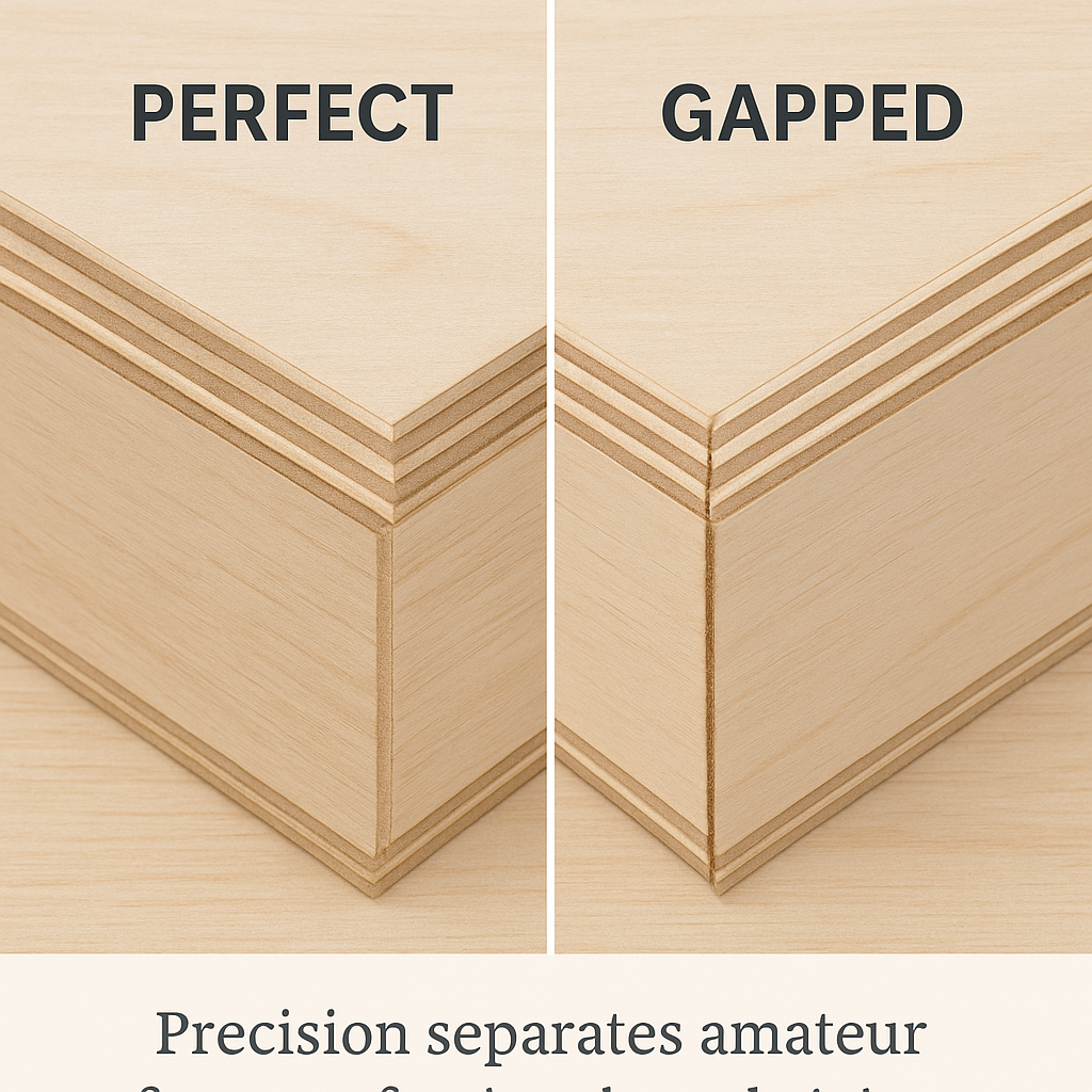  “Comparison of perfect vs. misaligned plywood miter joints.”
