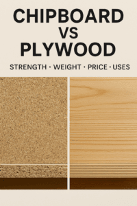 Side-by-side view of chipboard and plywood boards labeled for comparison, showing the difference in grain, texture, and color.