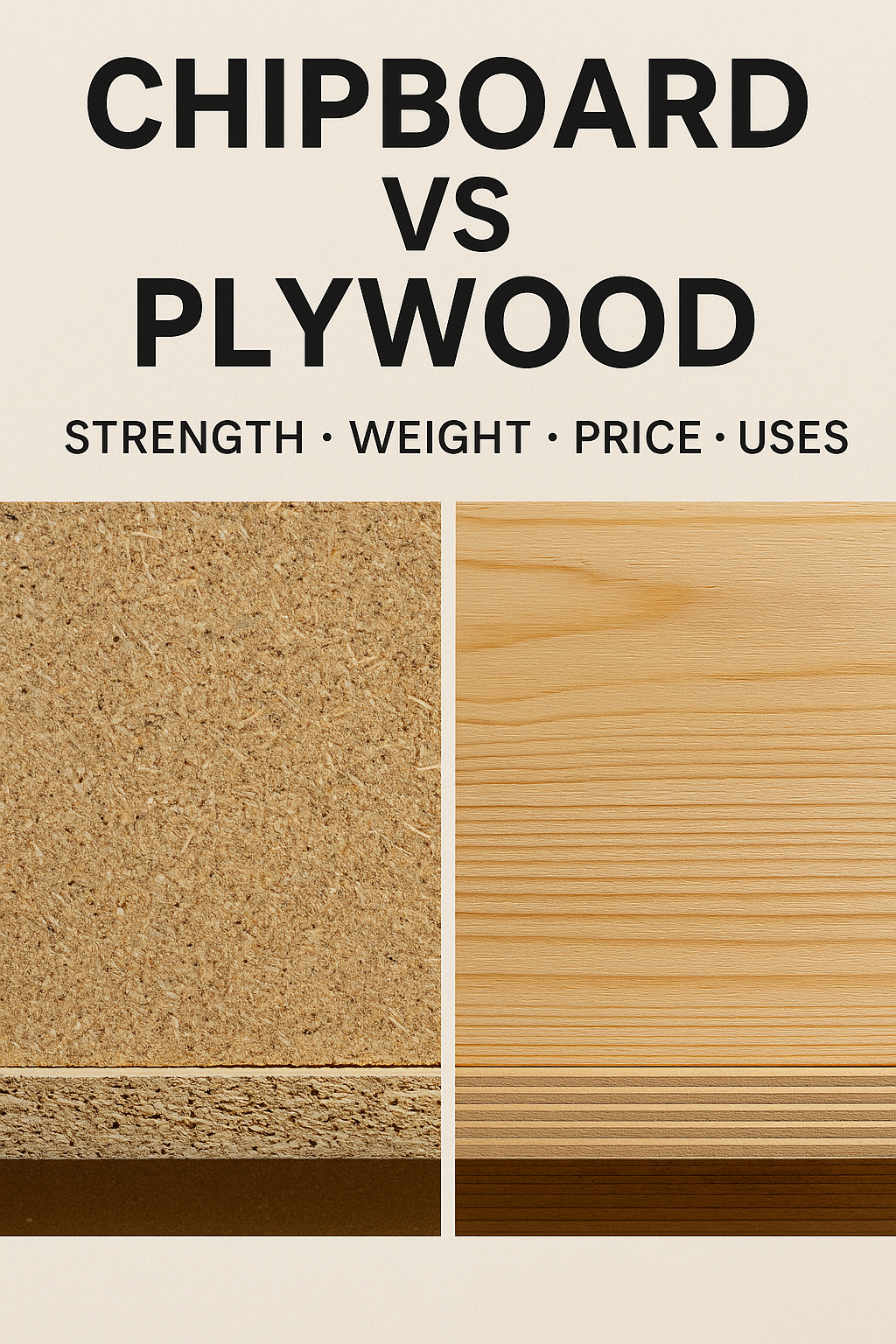 Side-by-side view of chipboard and plywood boards labeled for comparison, showing the difference in grain, texture, and color.