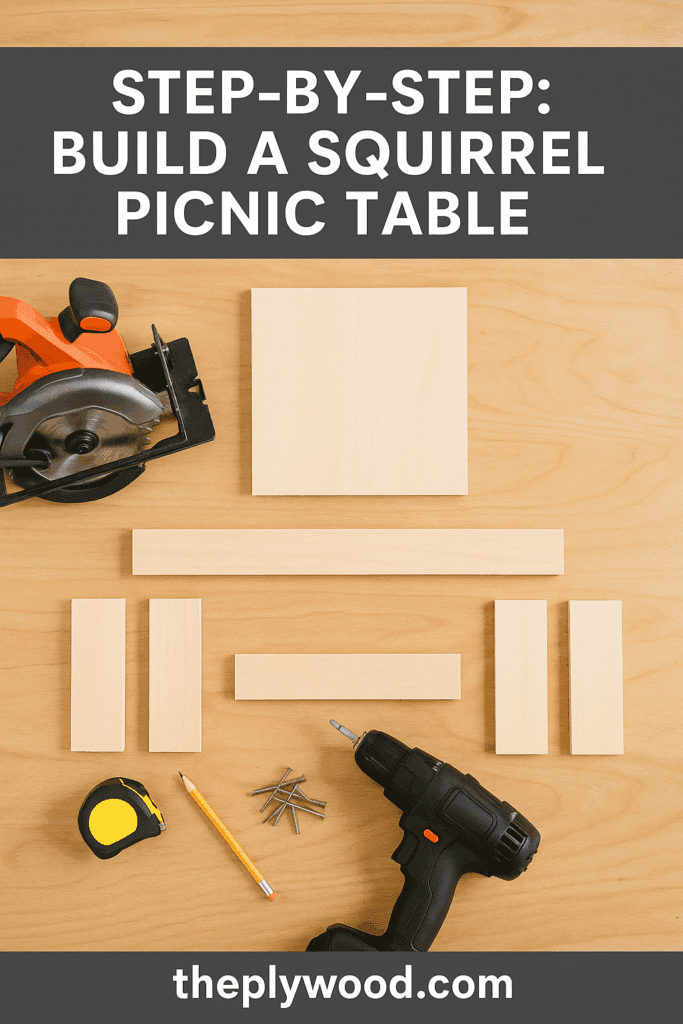 “Cutting plywood pieces with a circular saw for a mini squirrel picnic table build.”