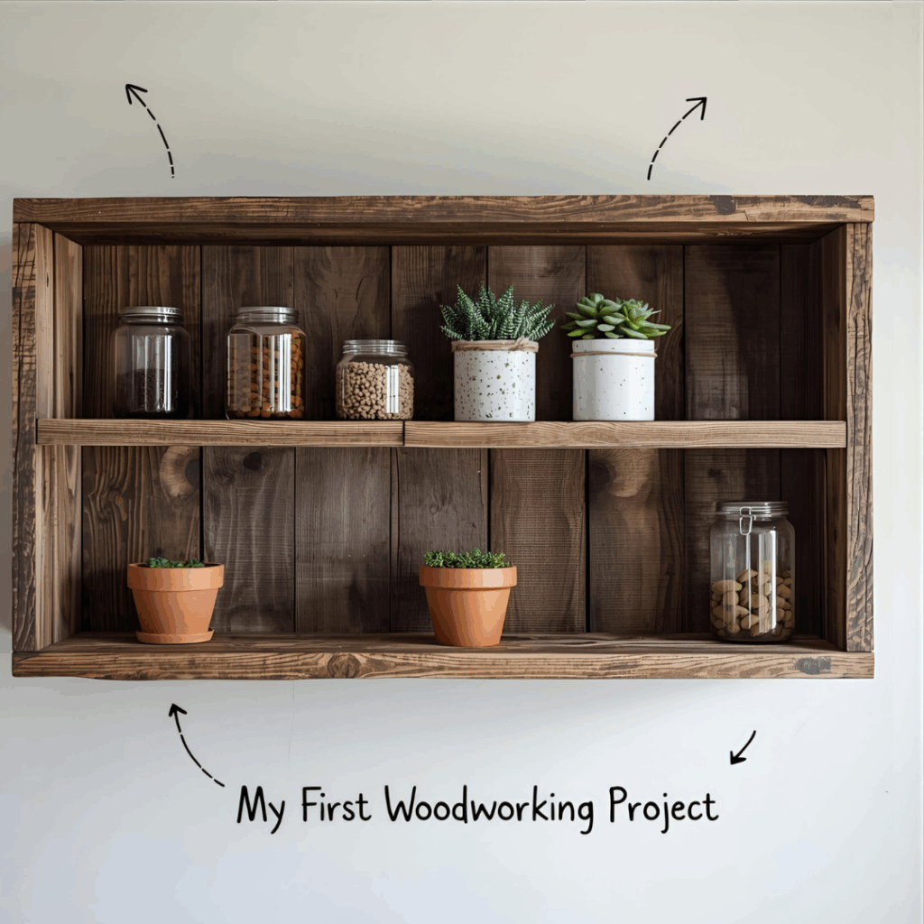 Beginner Woodworking Project shelf made from old fence boards hanging on wall.