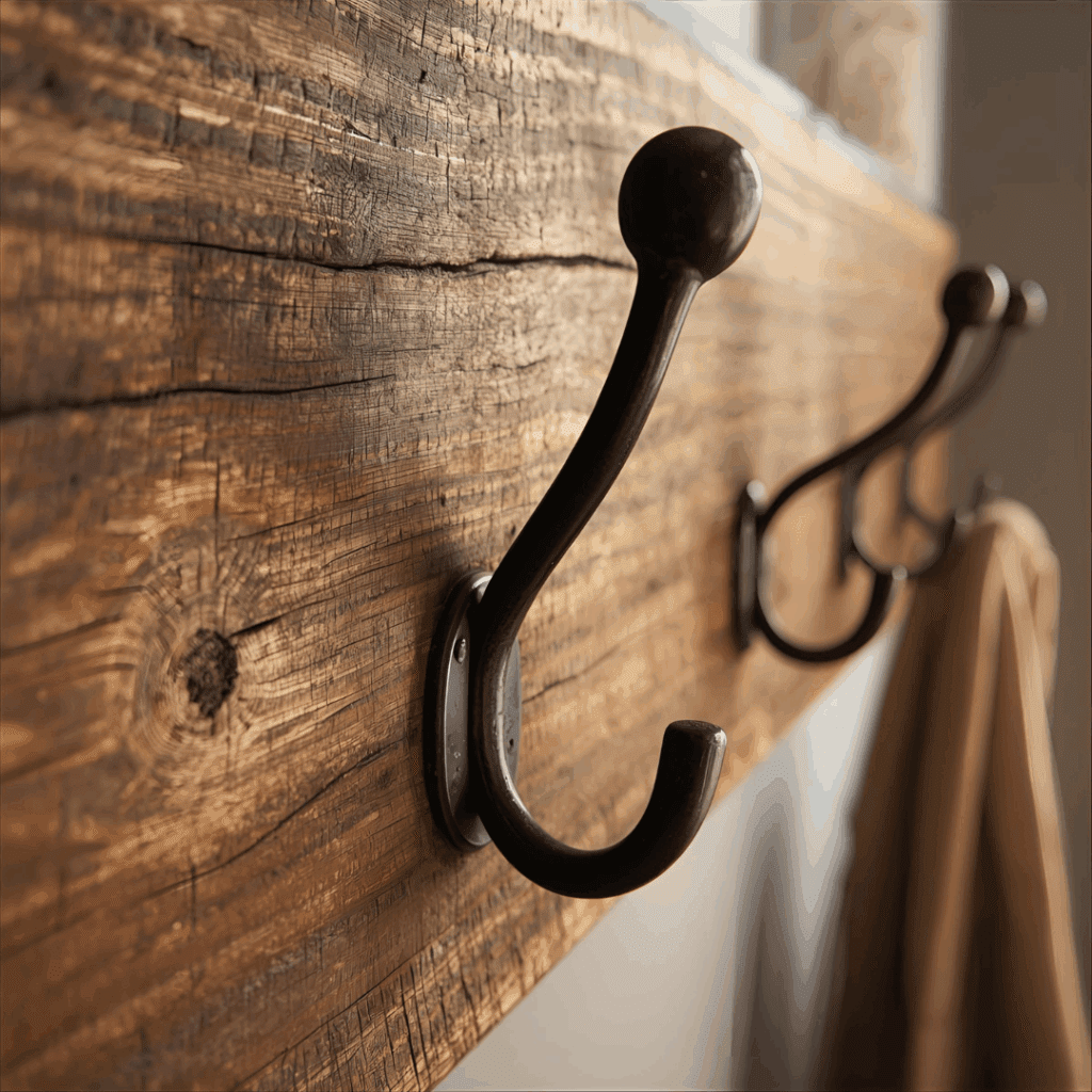 rustic reclaimed wood coat rack with black metal hooks on entryway wall.