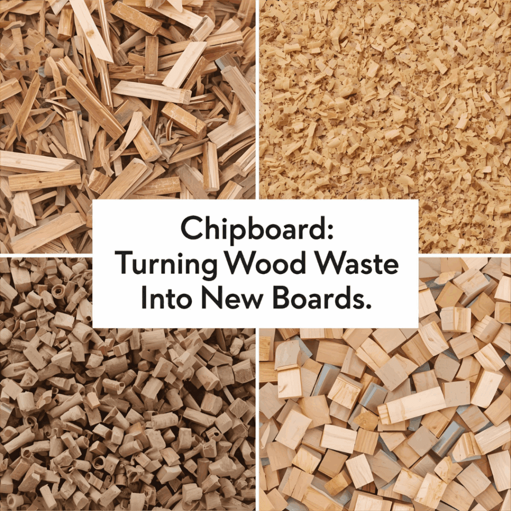 Recycled sawdust and wood shavings being pressed into chipboard panels inside a woodworking facility.