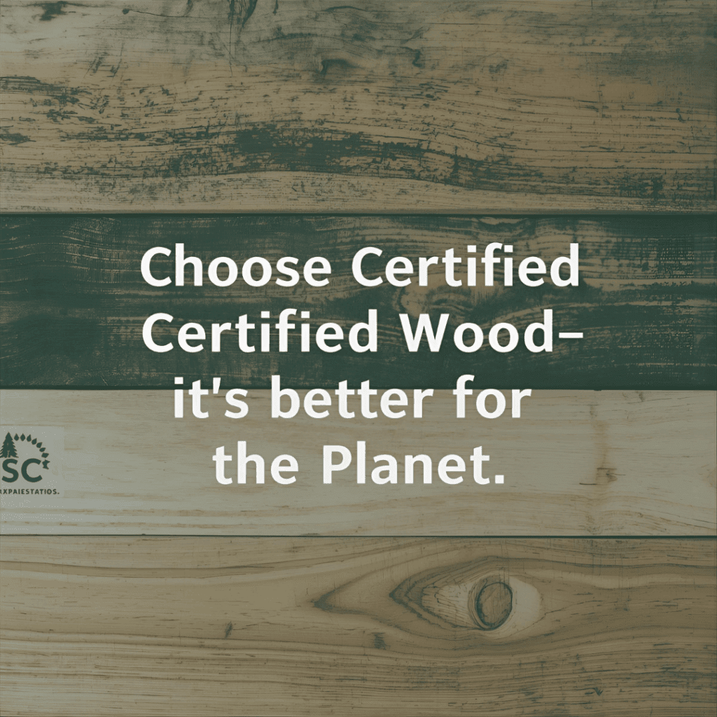 Close-up of FSC and low-VOC certified wood labels on chipboard and plywood sheets.