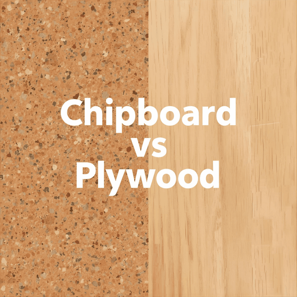 Flat lay of plywood and chipboard sheets side by side showing grain vs particle texture.