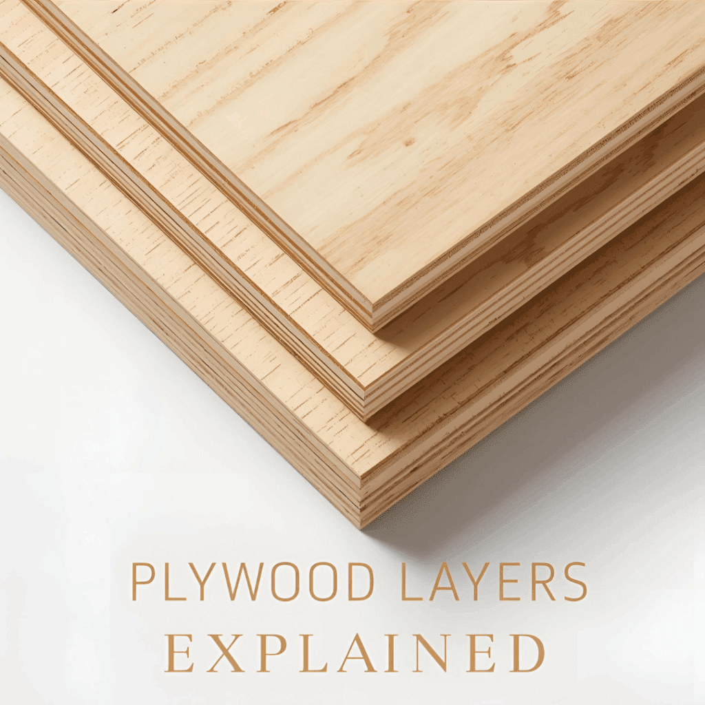 Stacked plywood sheets showing multiple wood plies and grain layers.