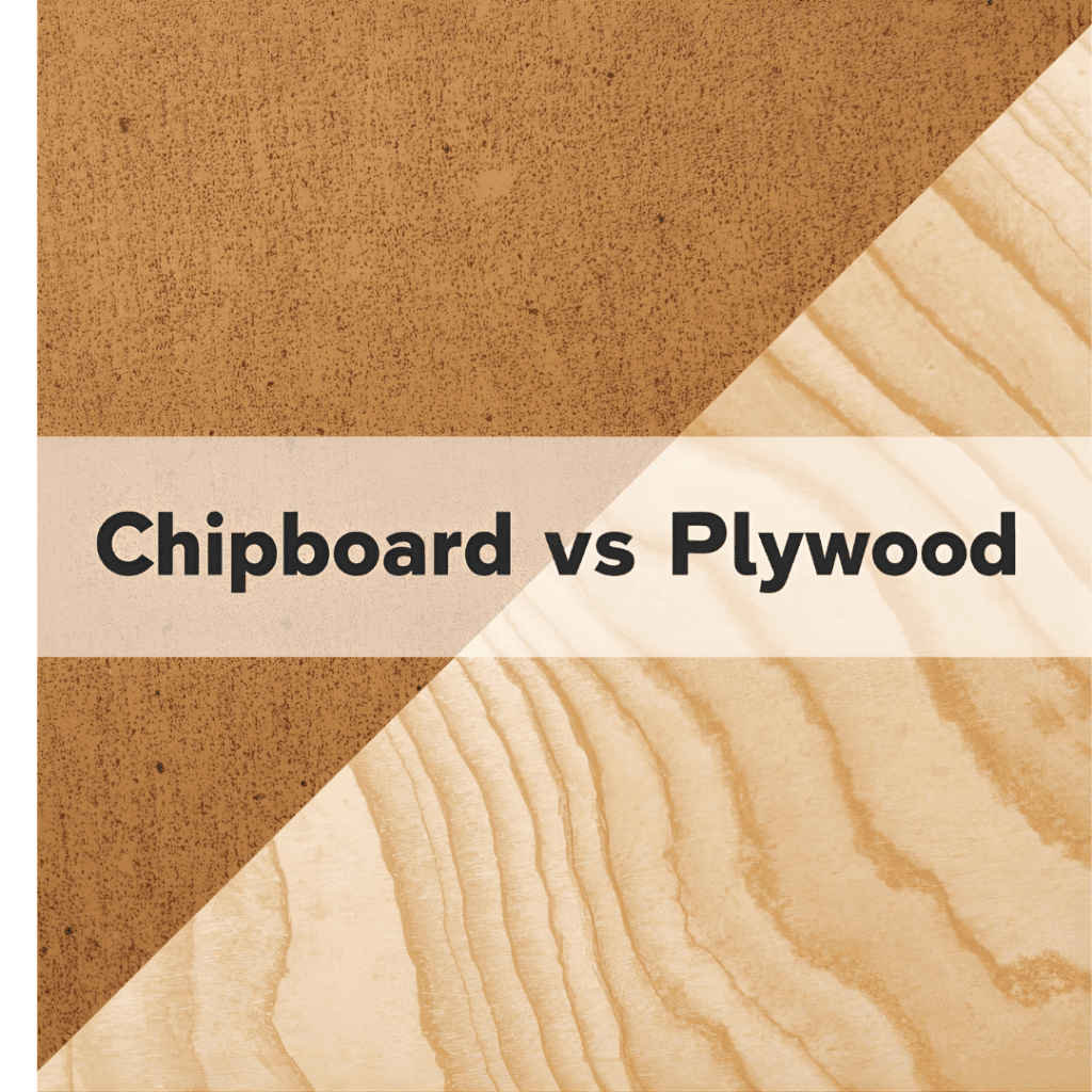 Side-by-side close-up showing chipboard’s speckled texture vs plywood’s layered edge