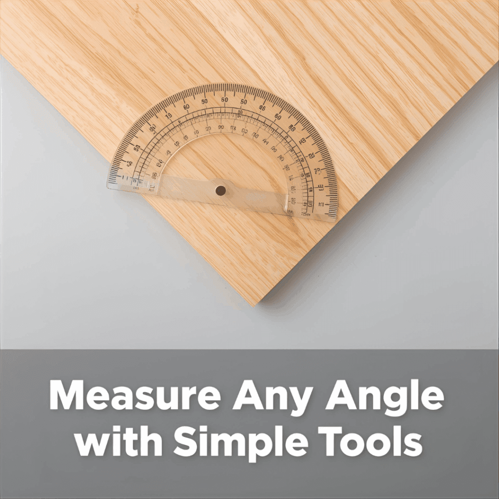 “Protractor measuring a small acute angle on a piece of plywood.”