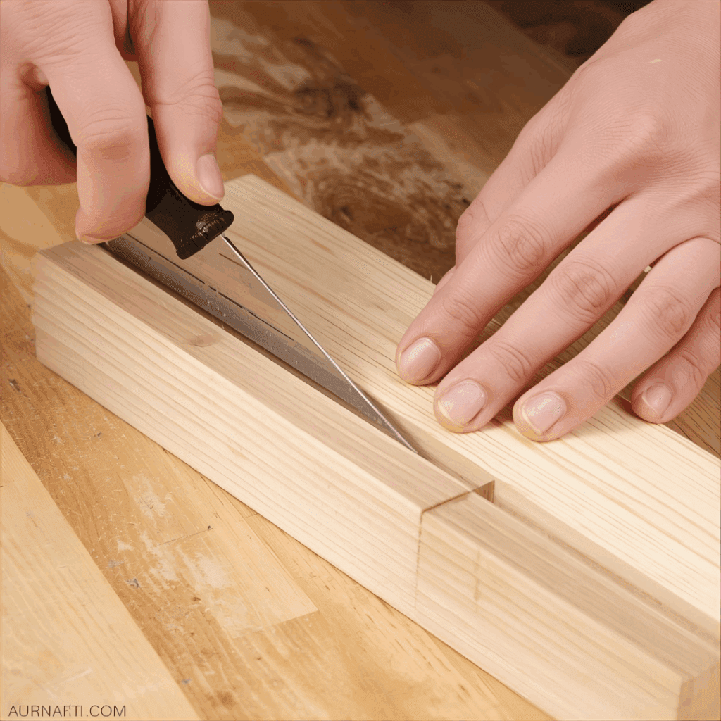 “Woodworker checking misaligned miter joint and adjusting saw angle.”