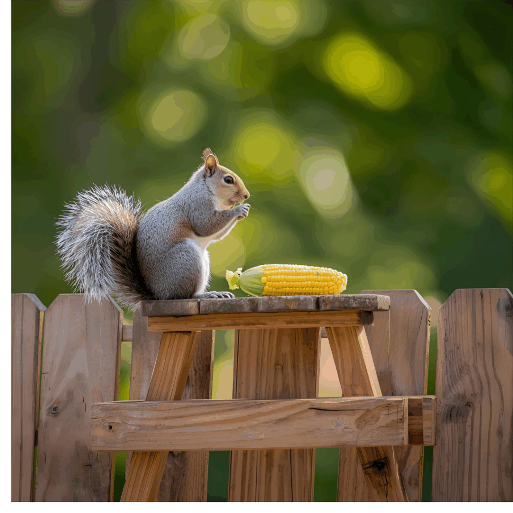 DIY squirrel picnic table made from plywood mounted on a backyard fence with a squirrel eating corn.”