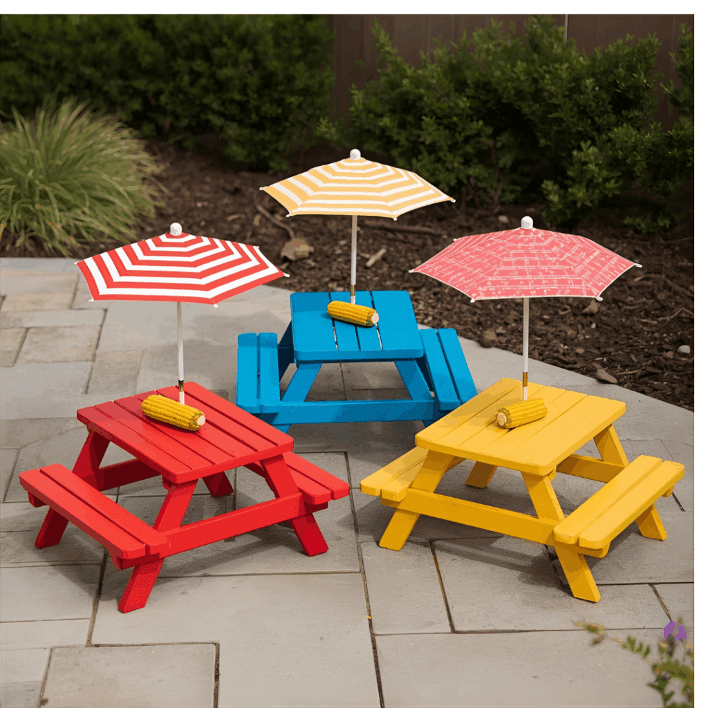 “Painted squirrel picnic tables in bright colors with mini umbrellas and nameplates.”
