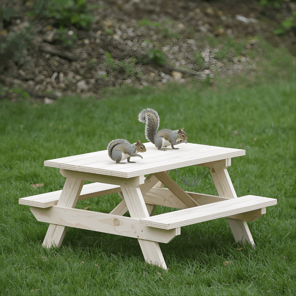 Squirrel eating corn at a mini picnic table mounted on a tree in a backyard garden.”