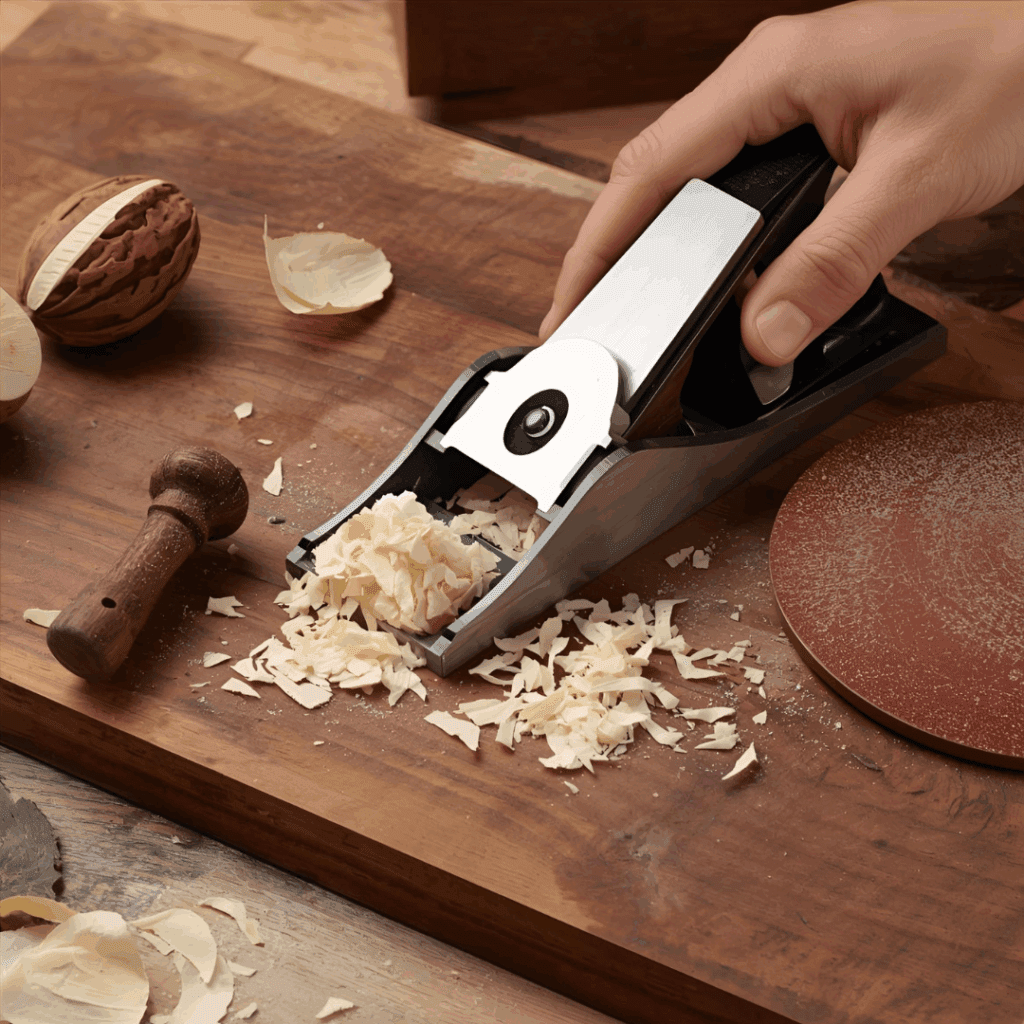 “Hand plane and carbide-tipped blade on walnut board with curled shavings.”