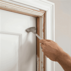 “Removing old door trim with a pry bar after scoring the paint line.”