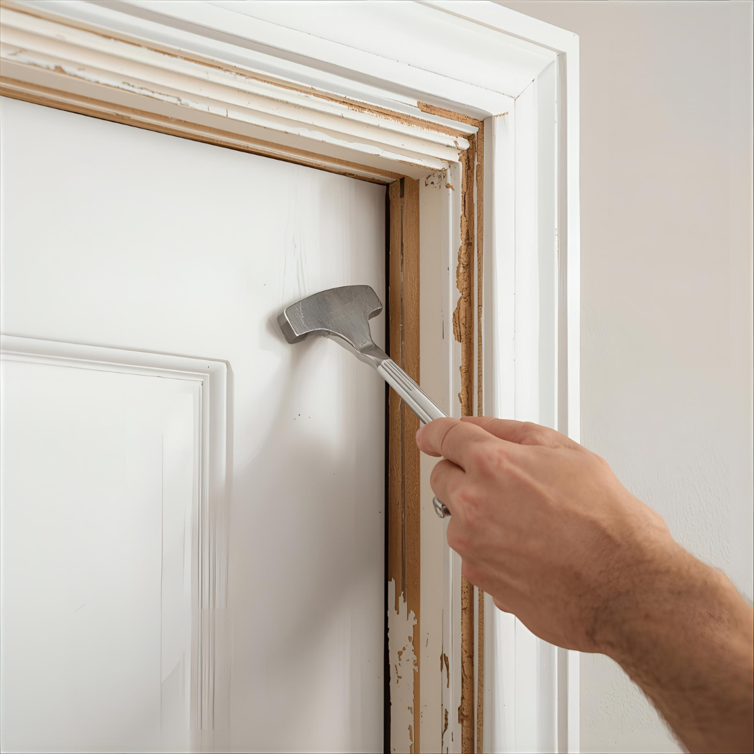 “Removing old door trim with a pry bar after scoring the paint line.”