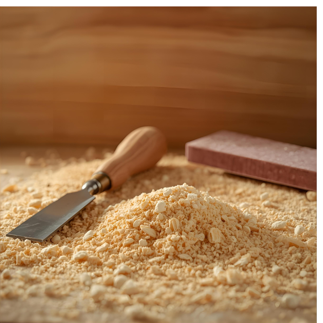 Pile of clean sawdust on a woodworking bench next to basic hand tools.