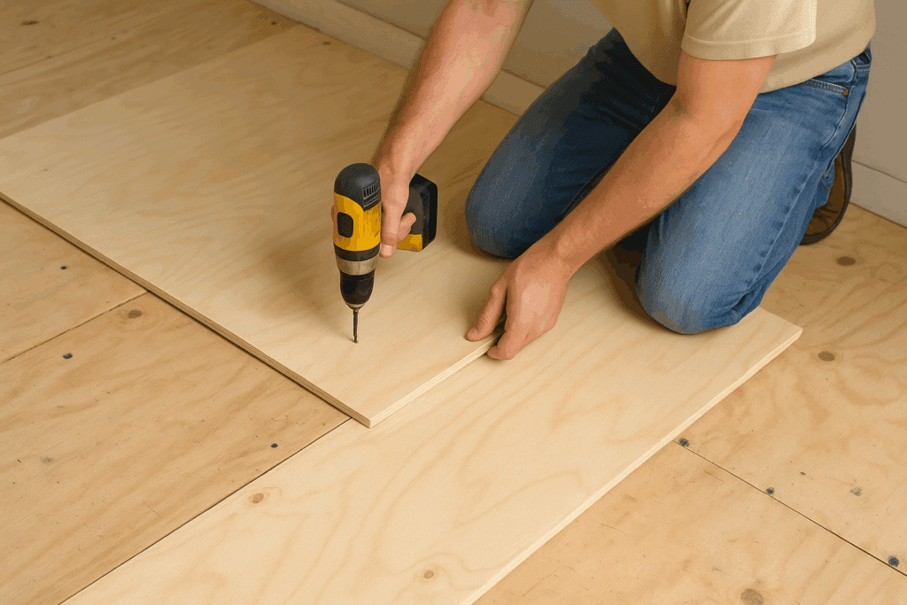 “Installing a second layer of half-inch plywood to strengthen the subfloor before tile.”