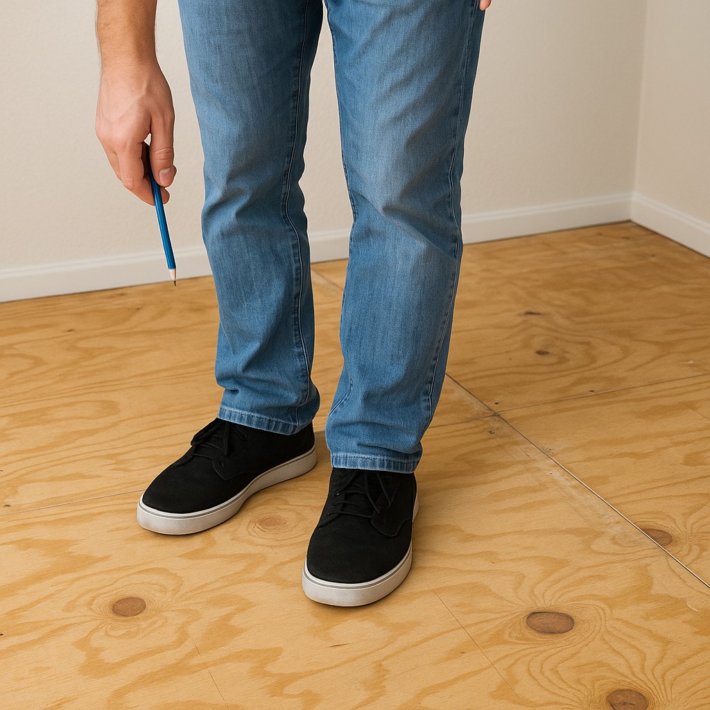 “Detecting loose spots on plywood by walking the subfloor before vinyl tile installation.”