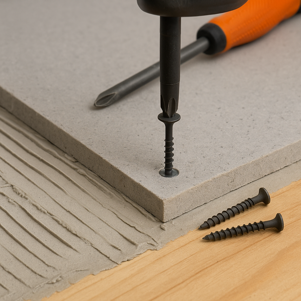 “Fastening cement backerboard over thinset using cement board screws.
