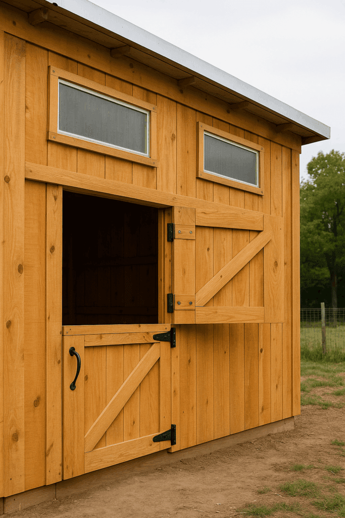 “Goat barn with a Dutch door and high-mounted polycarbonate windows.