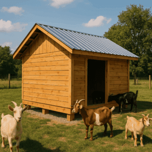 “Goat barn with metal roof on raised skids in a sunny rural pasture, surrounded by goats grazing and exploring.”