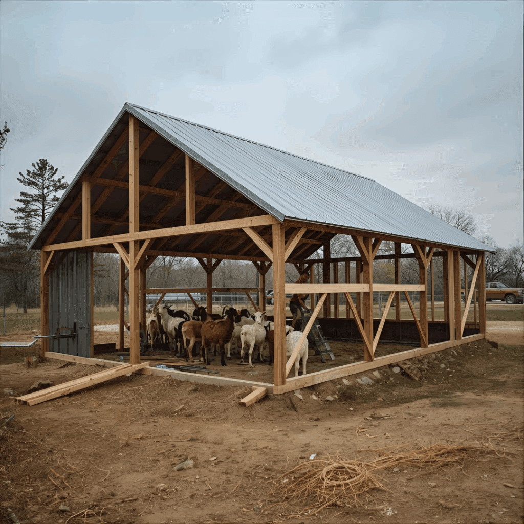 A DIY goat barn frame being built on uneven ground with basic materials.
