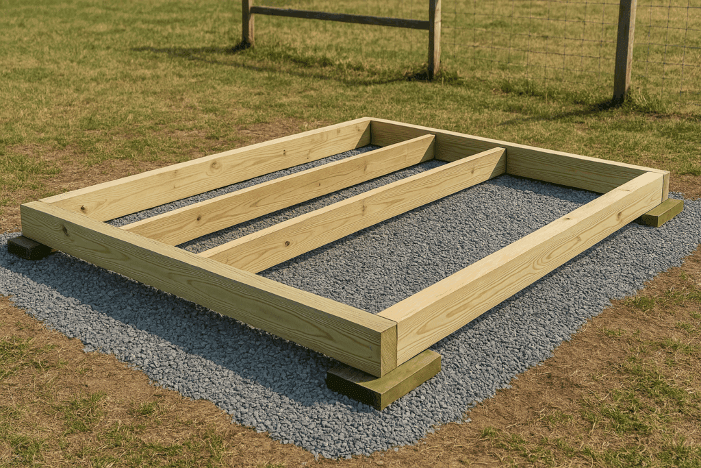 “Goat barn resting on treated skids over compacted gravel for proper drainage.”