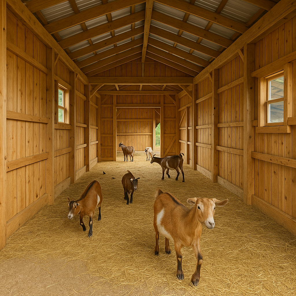 “Spacious goat barn interior showing proper width and height for a small herd.”