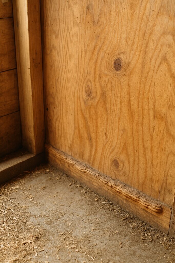 “Swollen plywood edges on a goat barn wall caused by moisture exposure.”