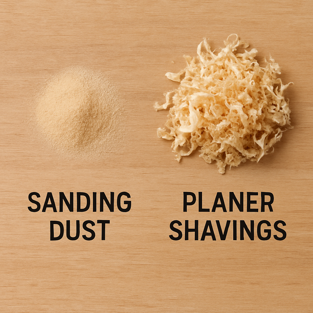Side-by-side comparison of sanding dust and planer shavings on a workbench.
