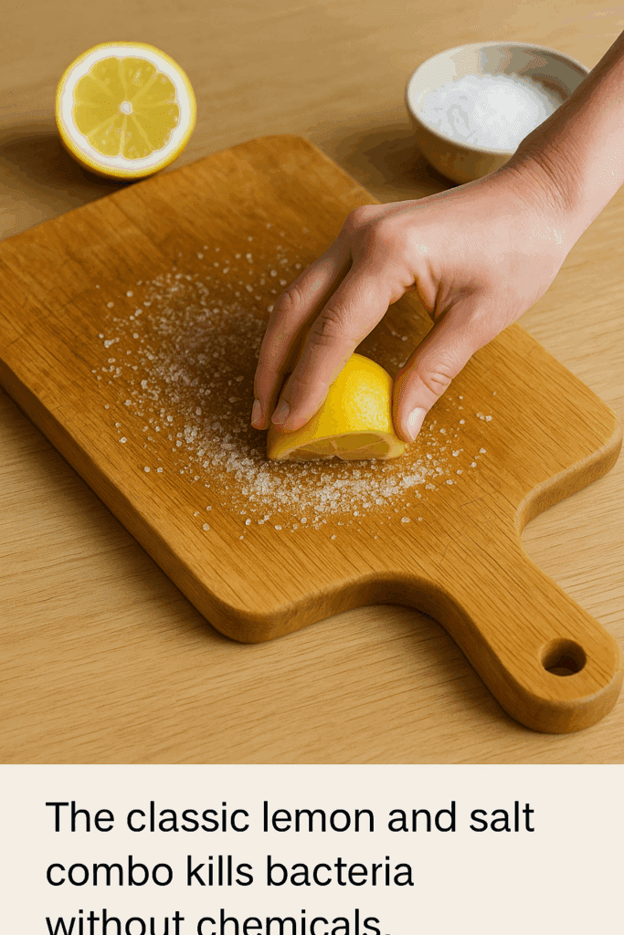 Cleaning a wooden cutting board with lemon and coarse salt.”