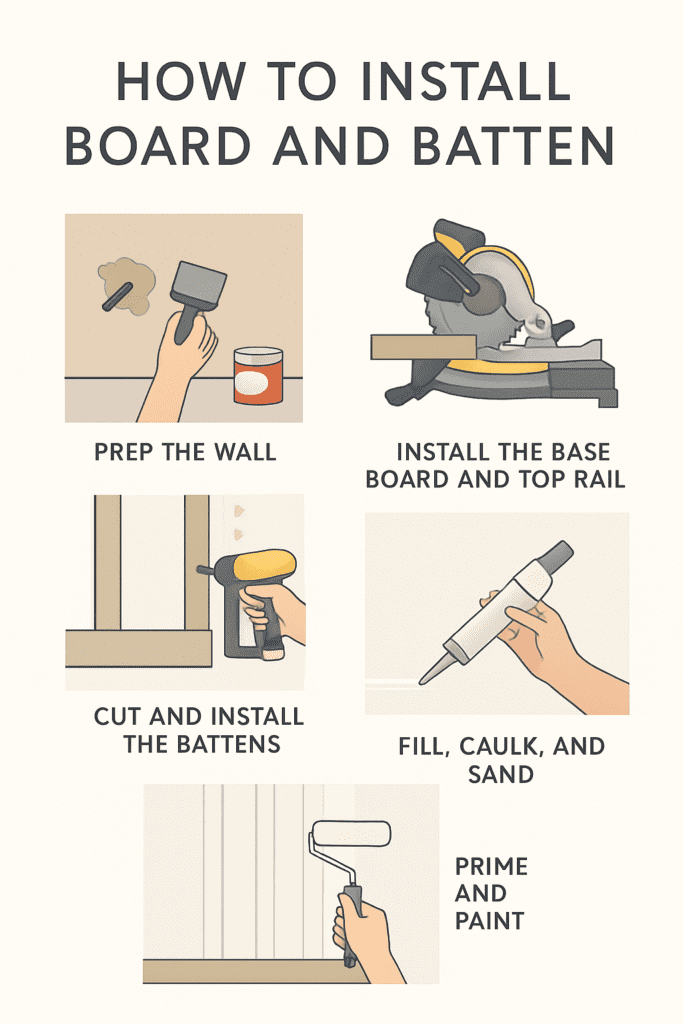 Side-by-side comparison of a blank wall and the same wall transformed with board-and-batten trim.