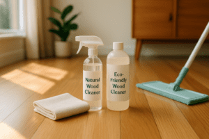 eco-friendly wood cleaning products used on hardwood floors in a sunlit home