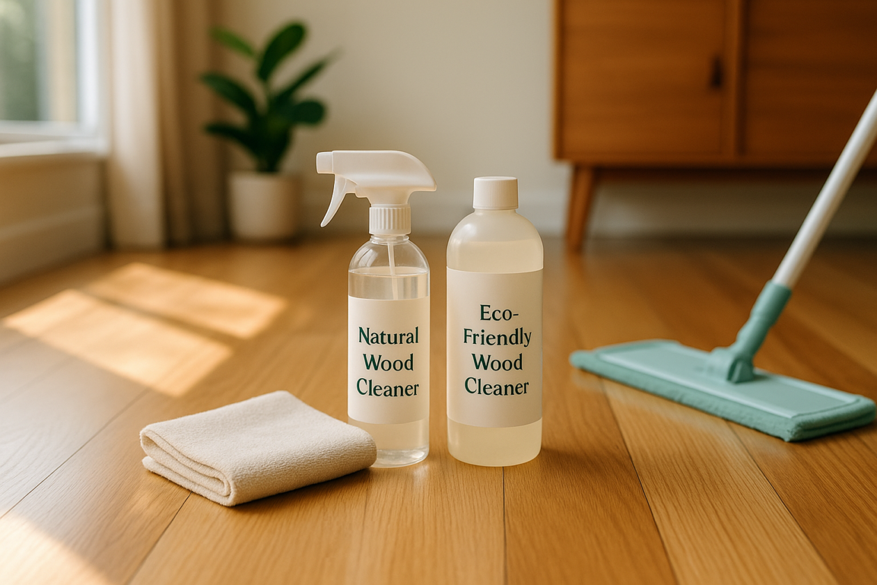 eco-friendly wood cleaning products used on hardwood floors in a sunlit home