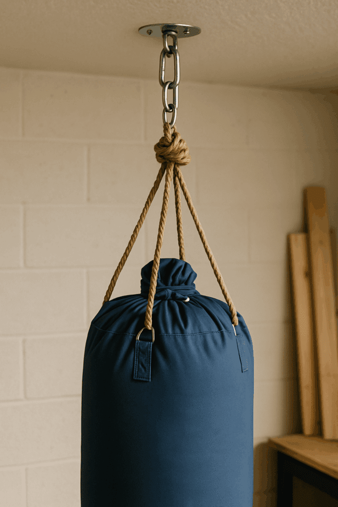 Homemade punching bag attached to ceiling mount with rope and carabiner.