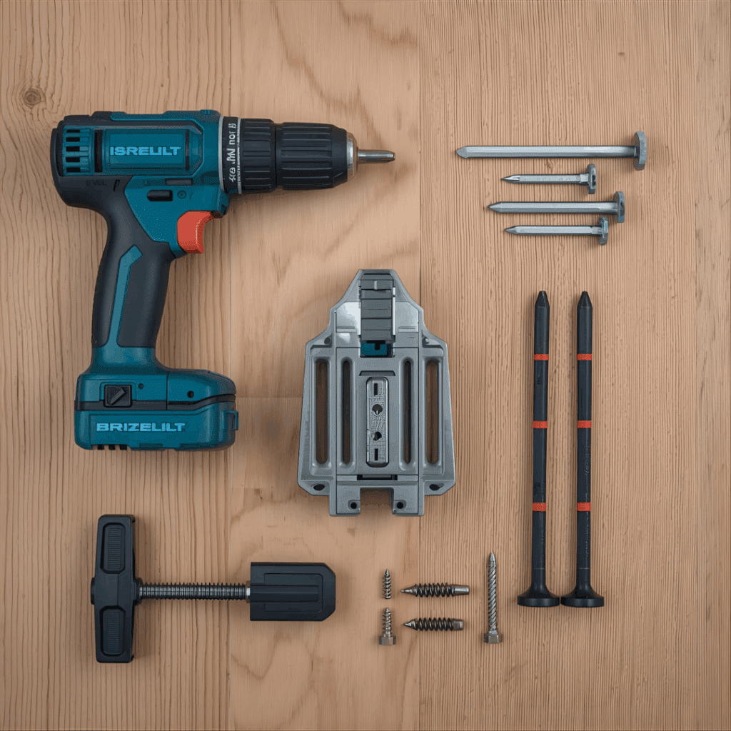 Essential tools for drilling angled holes including a cordless drill, pocket-hole jig, clamps, and brad-point bits