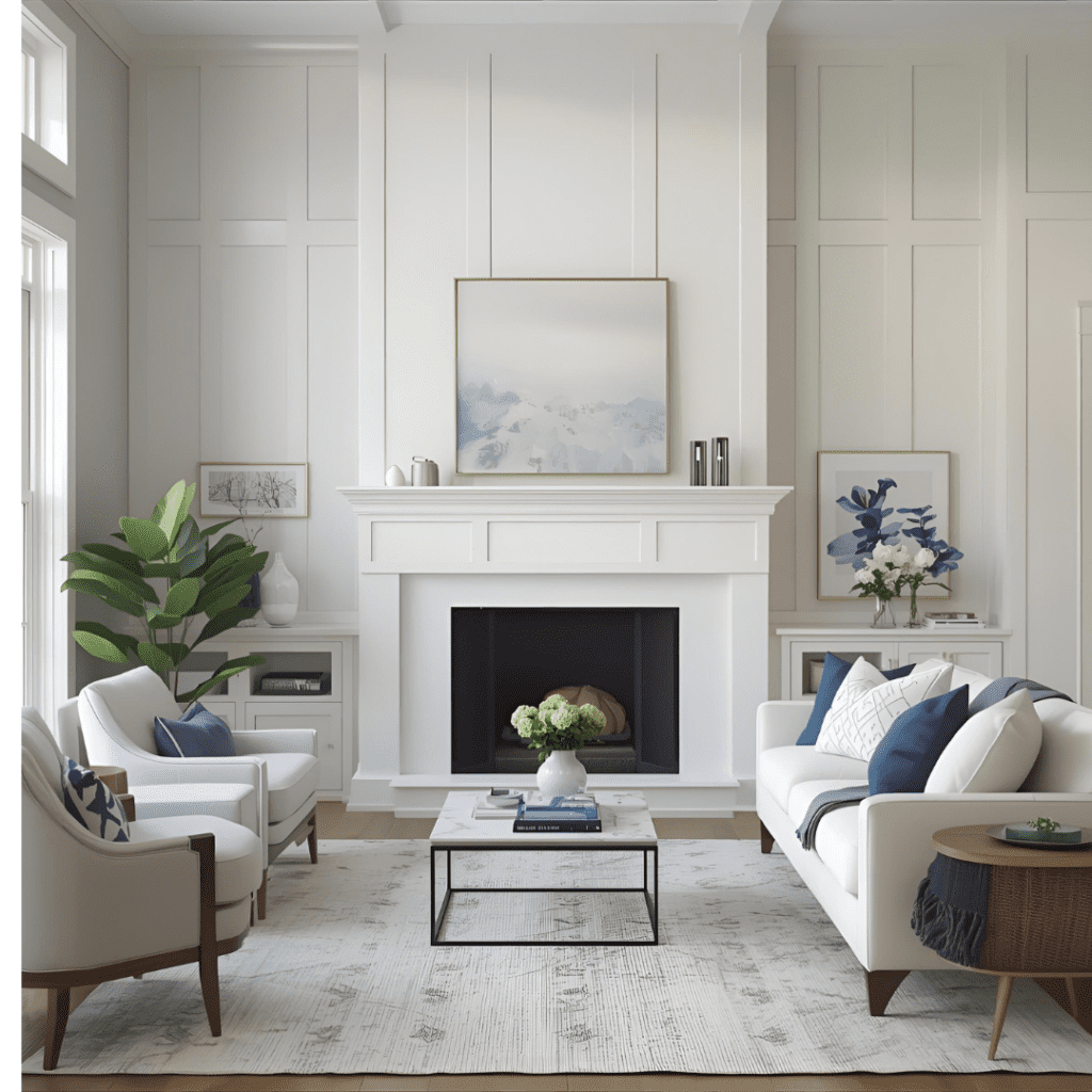 Modern living room with a painted board-and-batten accent wall featuring evenly spaced vertical battens.