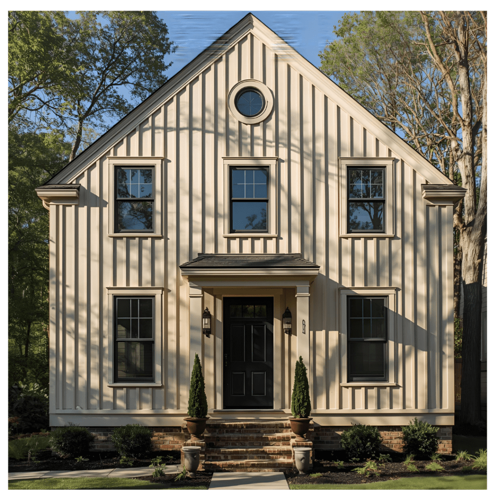 Modern home exterior featuring full-height board-and-batten siding.