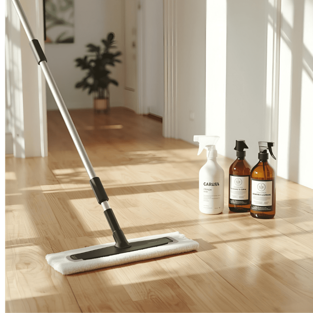 eco-friendly wood cleaning products on hardwood floor