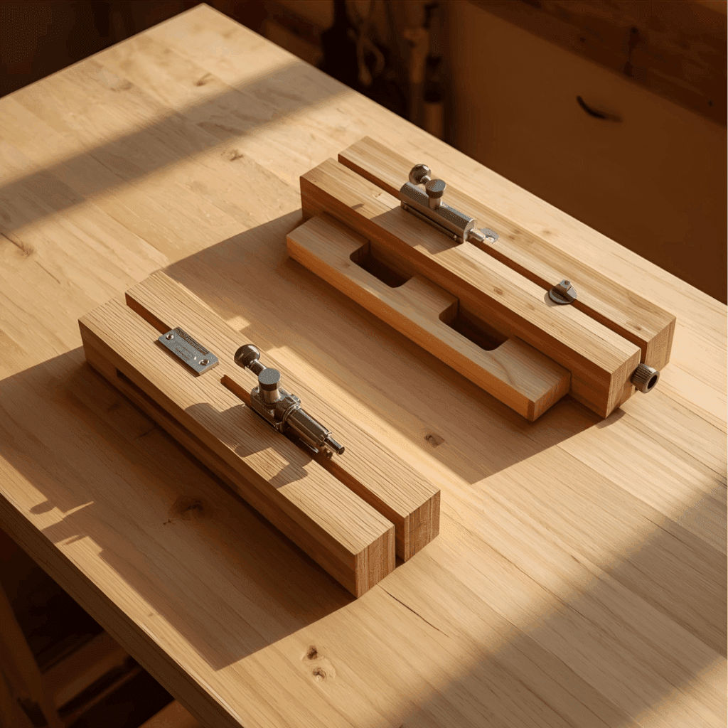 Comparison of a fixed 15-degree pocket-hole jig and an adjustable-angle jig.