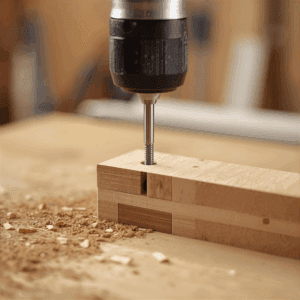Close-up of a pocket-hole jig drilling an angled hole into a board.