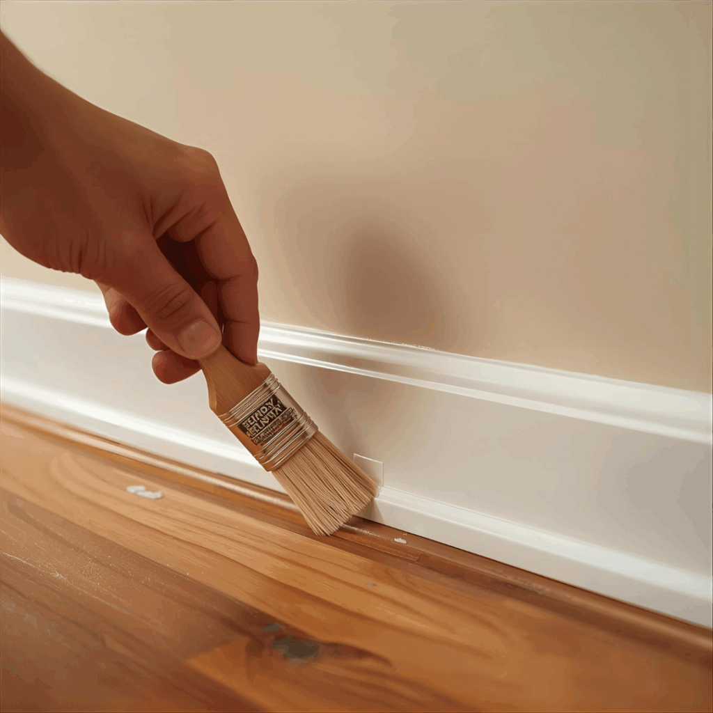 homeowner brushing polyurethane along the perimeter of laminate floors to block moisture penetration.
