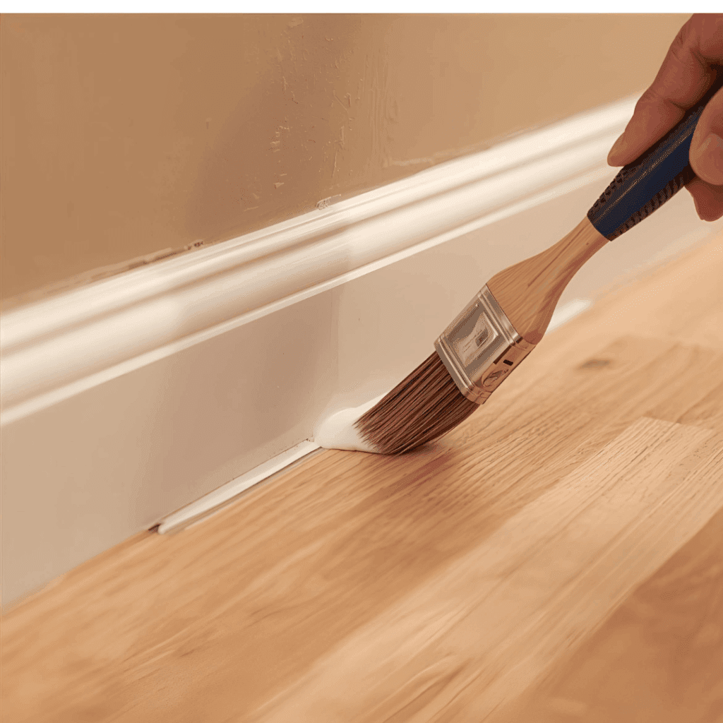 homeowner applying a thin line of polyurethane sealant along the wall edge of laminate flooring