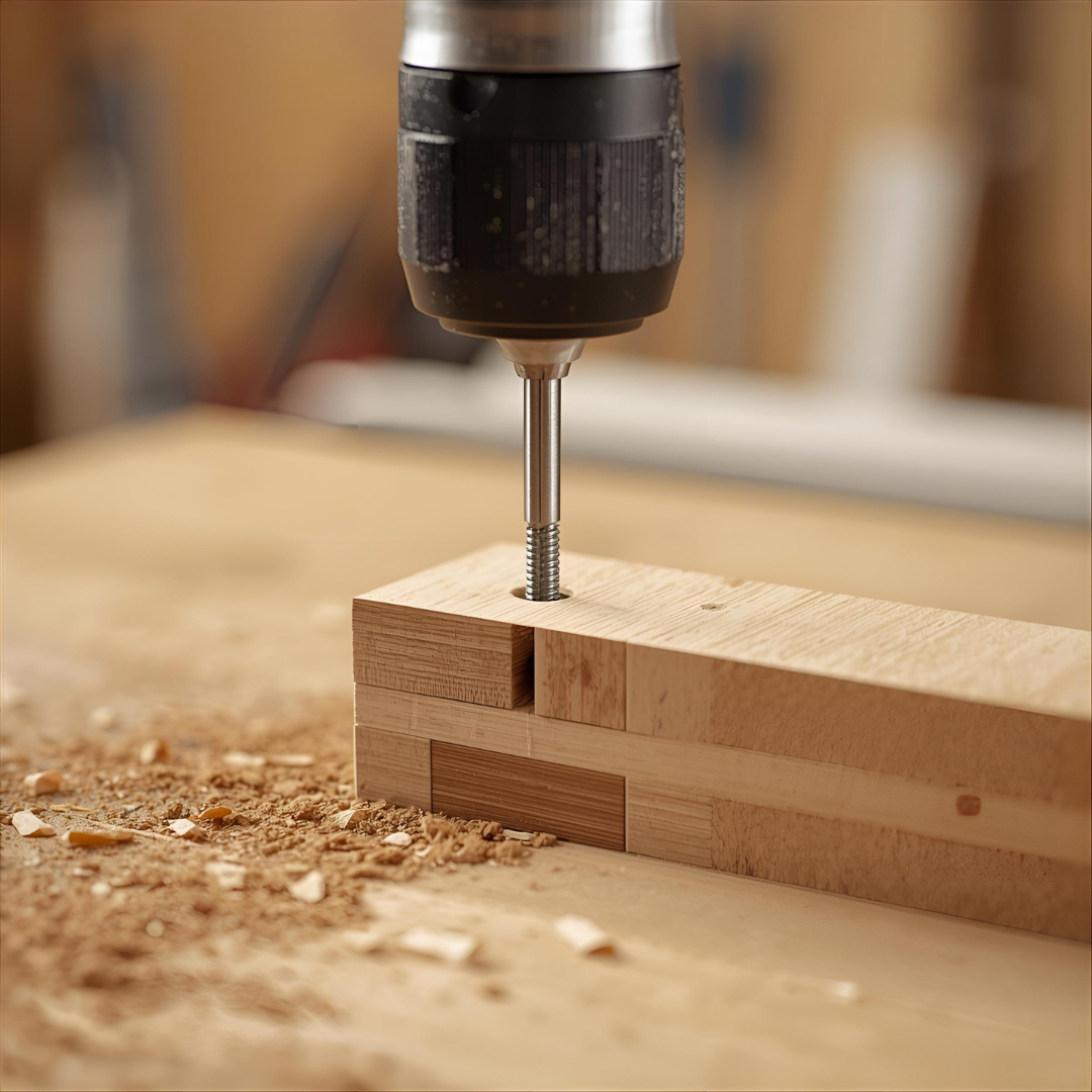 Close-up of a pocket-hole jig drilling an angled hole into a board.