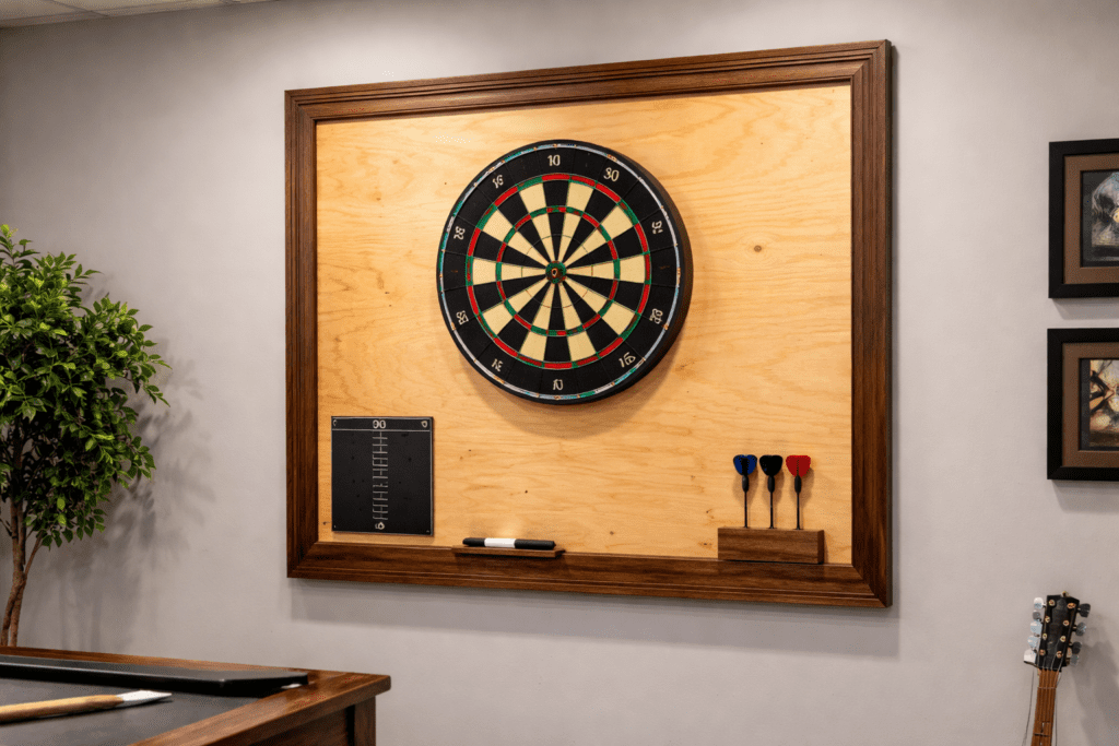 framed plywood dart wall with centered dartboard