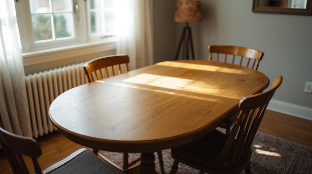 Oval dining table used daily in a lived-in home